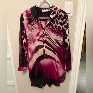 Susan Graver Printed Chiffon Long Sleeve Hi-Low Hem Tunic - Wine - Size 8